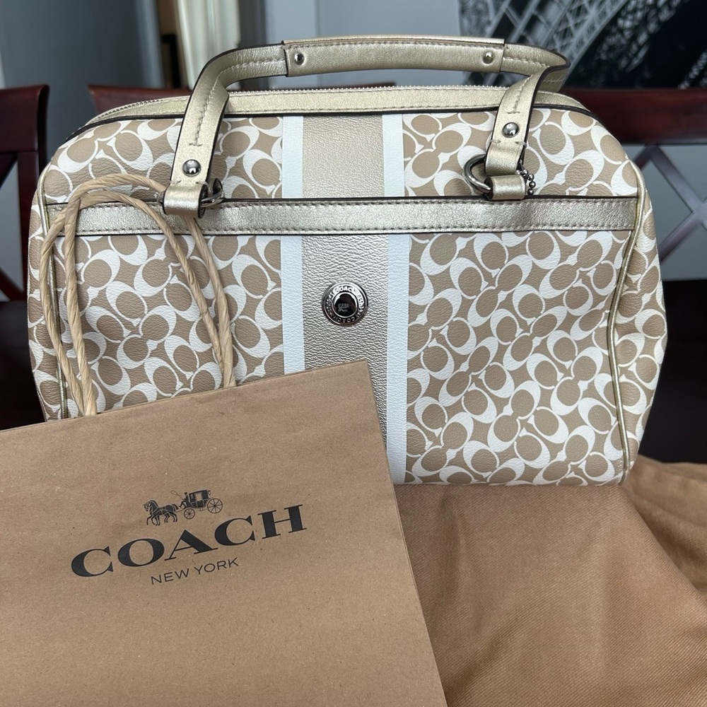 Coach Tan and White Satchel with Signature Design